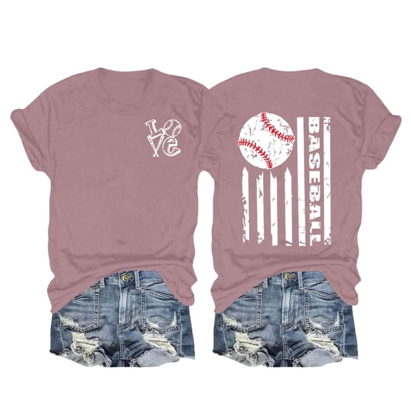 Pink Womens Tops Women's Spring/summer Baseball Print Loose T Shirt Short Sleeve Top Shirts for Women