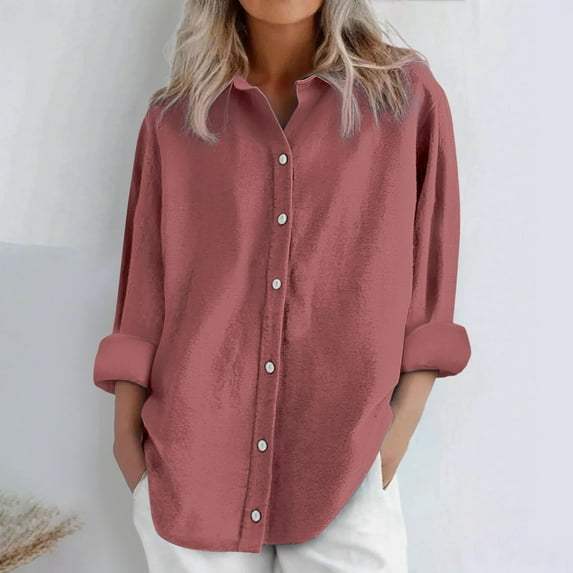 Pink Womens Tops Womens Daily Casual Linen Shirts Long Sleeve Shirts Tops Casual Blouses Loose Fit Shirt Shirts for Women