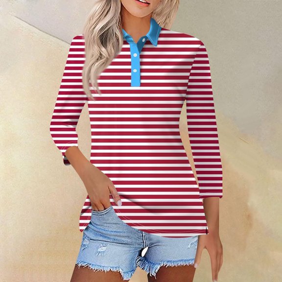 Pink Womens Tops Womens Shirts Three Quarter Length Summer Striped Print Tops Collared Button Down T Shirts Breathable Trendy Tunic Tops Shirts for Women