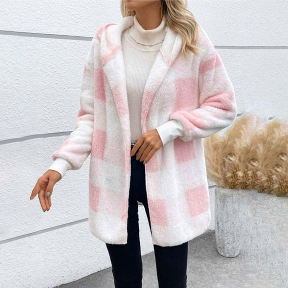 Pink Womens Tops Womens Winter Coats Warm Plush Hooded Jackets Up Button Cardigan Trendy Plaid Fuzzy Outerwear Shirts for Women