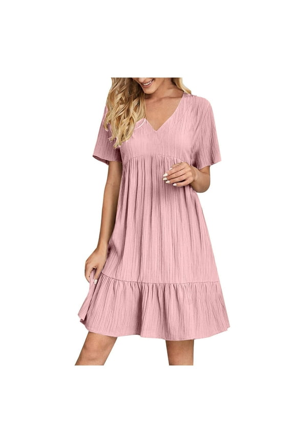 Pink Womens Vneck Dress for Women Short Sleeve Midi Mini Short Knee High Lounge Plain Fall Summer 2025 Clothing Trendy Y2K 5XL