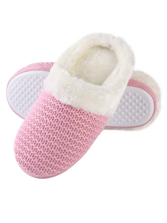 Pink Womens Warm Winter Slippers Cozy Cable Knit Memory Foam House Slipper Clog Shoes with Fuzzy Plush Collar for Women