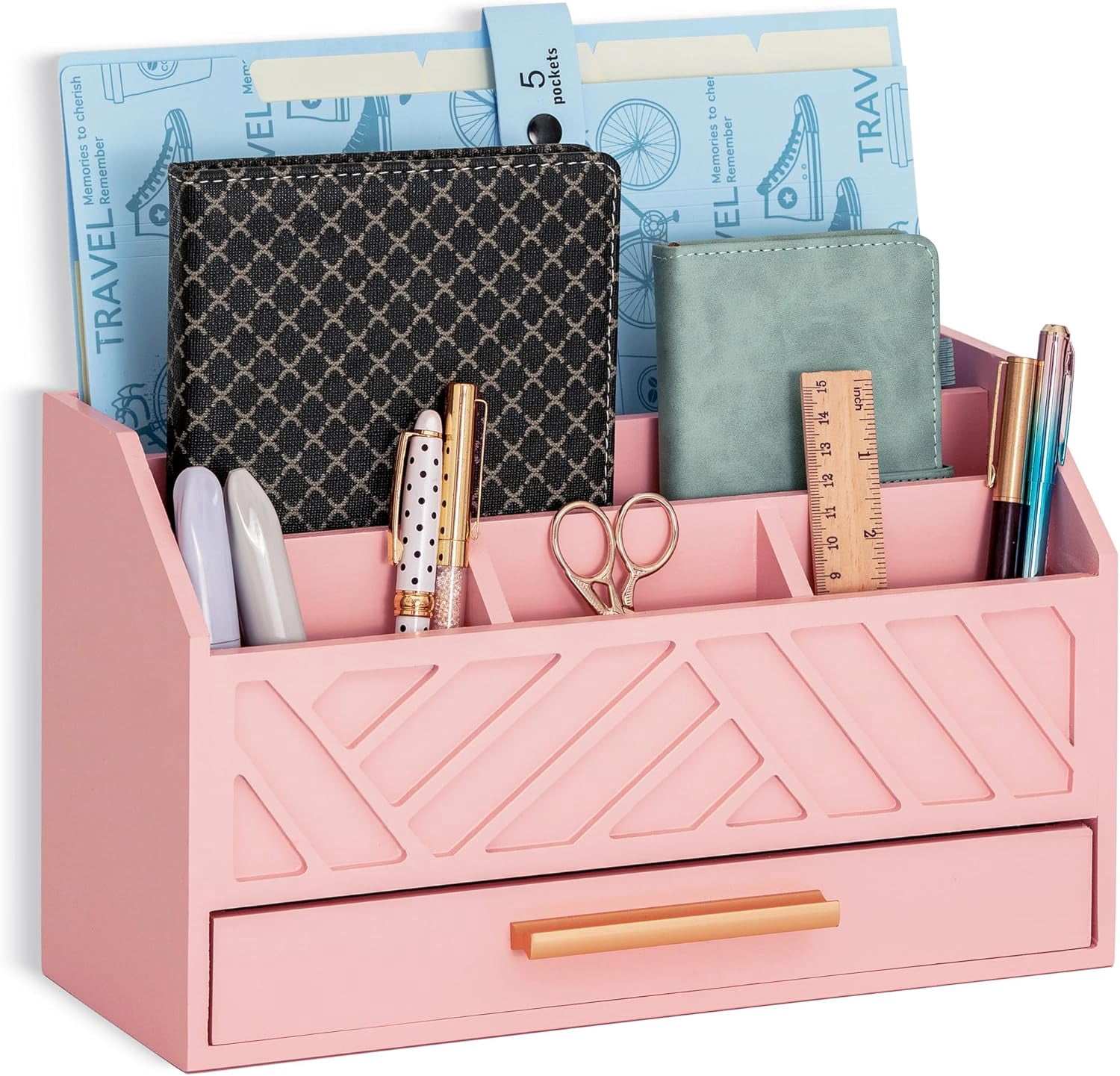 Pink Wood Desk Organizer and Accessories with Drawer, Bill Mail Organizer and File Mail Holder for Office Supplies, Modern Desk Accessories & Workspace Organizers for Desk Organization