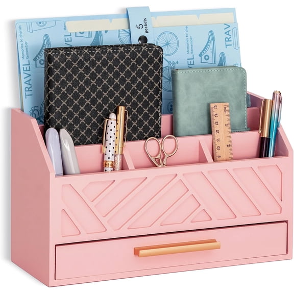 Pink Wood Desk Organizer and Accessories with Drawer, Bill Mail Organizer and File Mail Holder for Office Supplies, Modern Desk Accessories & Workspace Organizers for Desk Organization