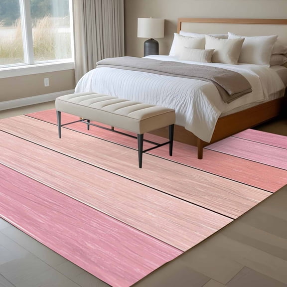 Pink Wood Grain 6x9 Rug for Dining Room Table and Chair Setup, Country Pink Gradient Wooden Grain Geometric Stripe Low Pile Washable Non Slip Rectangle Area Rug