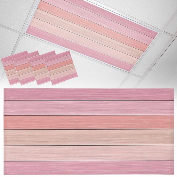 Pink Wood Grain Fluorescent Light Covers Country Pink Gradient Wooden Grain Geometric Stripe Magnetic Light Filters Ceiling Lighting Panel Shade for Classroom Office Home 2 x 4 ft, 4 Pack