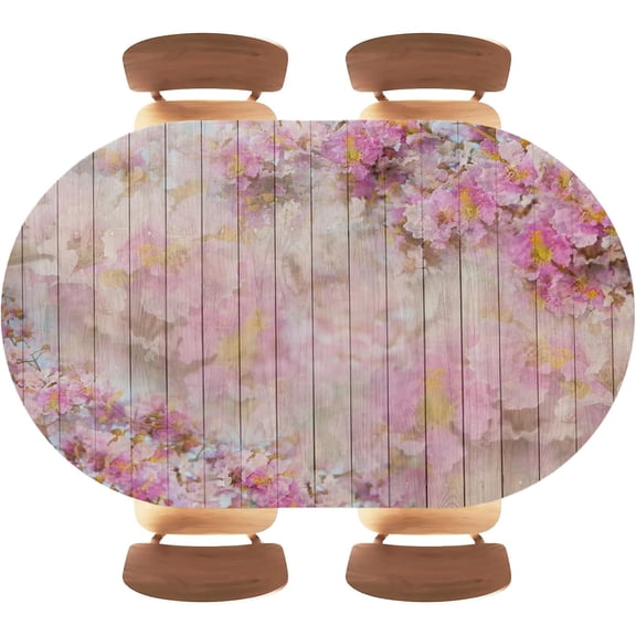 Pink Wood Texture Background Fitted Oval Tablecloth Elastic Edge Waterproof Splash Proof Outdoor Table Cover for Dining Wedding Party Picnic, Fits 48"x68" Oval Tables, Style156