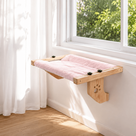 Pink Wooden Cat Window Hammock Bed for Large Cats, Perch Lounger with Plush Cushion