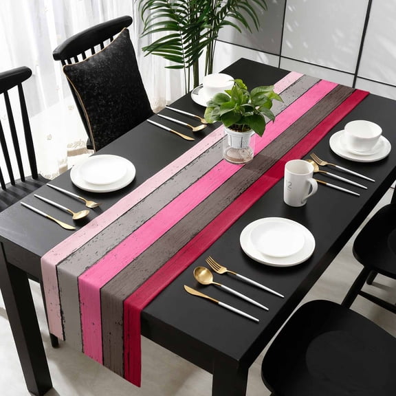 Pink Wooden Cotton Linen Table Runner 13 x 70 inch Grey Red Stripe Gradient Country Rustic Grain Non-slip Rectangular Dining Table Decor for Wedding Party Holiday Dinner
