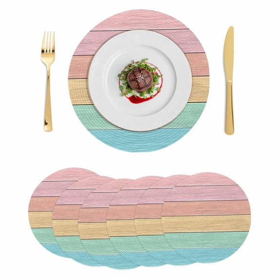 Pink Wooden Grain Round 15 Inch Placemats Set of 6, Vintage Chic Geometric Ombre Teal HeatResistant Non Slip Place Mats for Dining Table, Wipeable Braided Kitchen Table Mats for Housewarming