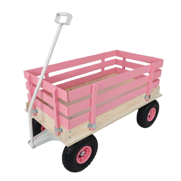TheEshow Pink Wooden Kids Garden Cart with Removable Side Rails, All Terrain Wheels, Heavy Duty Outdoor