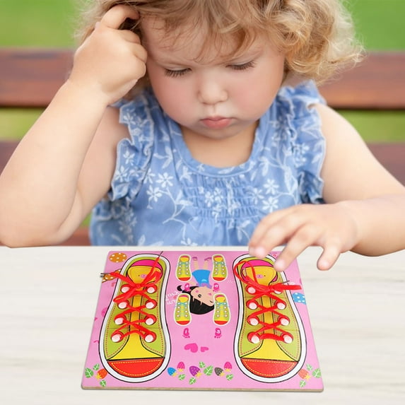 Pink Wooden Lacing Shoe Toy Learn To Tie Shoes Educational Board For Kids Fine Motor Skill Practice For Preschoolers Training Kit (0.62Lb)