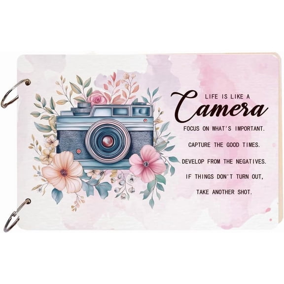 Pink Wooden Loose Leaf Binder Life Is Like a Camera Greeting Card Organizer Flowers Book Postcard Photo Album 2-Rings Cover Gift Greeting Birthday Card Holder Keepsake