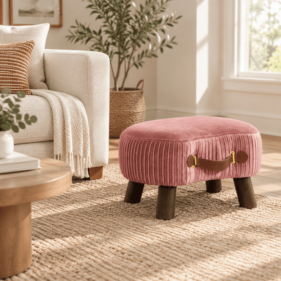 Pink Wooden Padded Foot Stool Ottoman with Handle for Living Room Bedroom