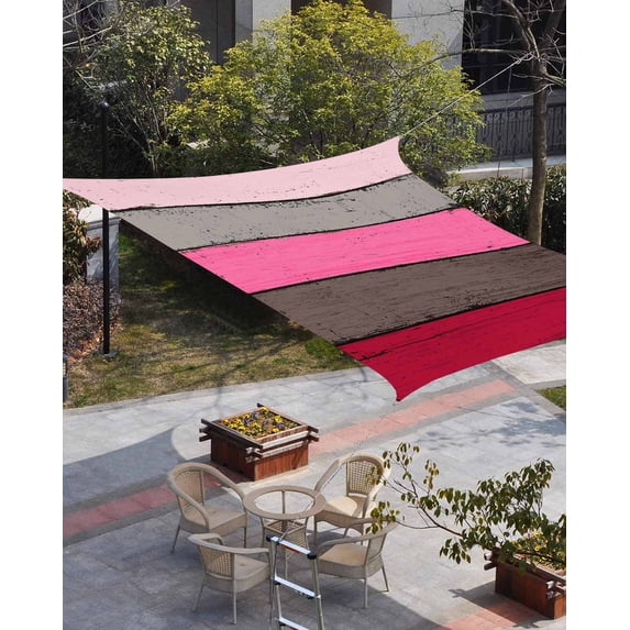 Pink Wooden Sun Shade Sail 8'x10' Rectangle Outdoor Shade Canopy, Grey Red Stripe Gradient Country Rustic Grain Porch Shades Outdoor Sun Blocking Screen, Sunshade Cloth Covers for Patio/Deck/Garden