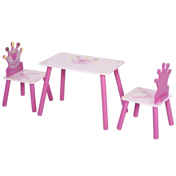 Pink Wooden Table and Chair Set for s Age 2-4, 3-Piece Desk with Crown Pattern, Small Reading and Art Table for