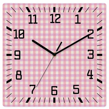 Pink Wooden Wall Clock Silent Non Ticking, Grid Checkered Plaid Gingham Lattice Trellis Square Wall Clocks Battery Operated, Decor Clock for Home Office, Living Room, Kitchen, 10 Inch