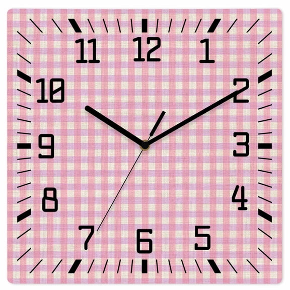 Pink Wooden Wall Clock Silent Non Ticking, Grid Checkered Plaid Gingham Lattice Trellis Square Wall Clocks Battery Operated, Decor Clock for Home Office, Living Room, Kitchen, 10 Inch