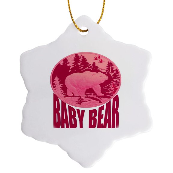 3drose, Pink Woodland Baby Bear Camping Cub, 3 inch Snowflake Porcelain Ornament