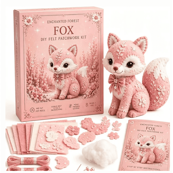 Pink Woodland Friends DIY Felt Patchwork Kit – Cute Magic Forest Animals 3D Felt Sewing Kit, Creative Craft for Beginners, Home Decor Handmade Gift (Blush Fox )
