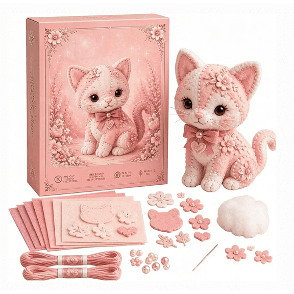 Pink Woodland Friends DIY Felt Patchwork Kit – Magic Forest Animals 3D Felt Sewing Kit, Creative Craft for Beginners, Home Decor Handmade Gift (Blush Cat )