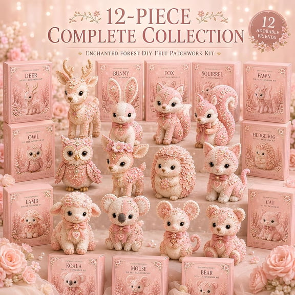 Pink Woodland Friends DIY Felt Patchwork Kit – Magic Forest Animals 3D Felt Sewing Kit, Creative Craft for Beginners, Home Decor Handmade Gift (Blush Fawn) Blush Bear