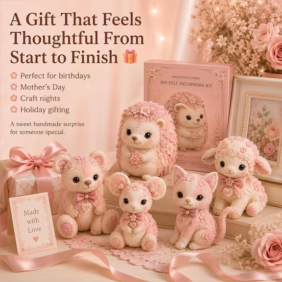 Pink Woodland Friends DIY Felt Patchwork Kit – Magic Forest Animals 3D Felt Sewing Kit, Creative Craft for Beginners, Home Decor Handmade Gift (Blush Fawn) Blush Cat