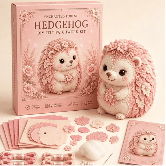 Pink Woodland Friends DIY Felt Patchwork Kit – Magic Forest Animals 3D Felt Sewing Kit, Creative Craft for Beginners, Home Decor Handmade Gift Blush Hedgehog