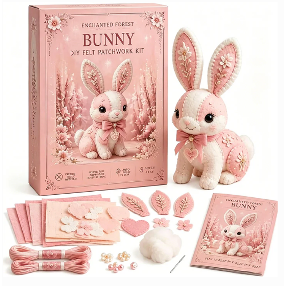 Pink Woodland Friends DIY Felt Patchwork Kit , Magic Forest Animals 3D Felt Sewing Kit, Creative Craft for Beginners, Home Decor Handmade Gift Blush Rabbit