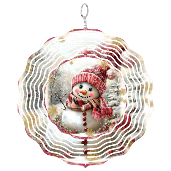 Pink Woodland Snowman 3D Wind Spinner Kinetic Metal Hanging Cute Holiday Gift Round
