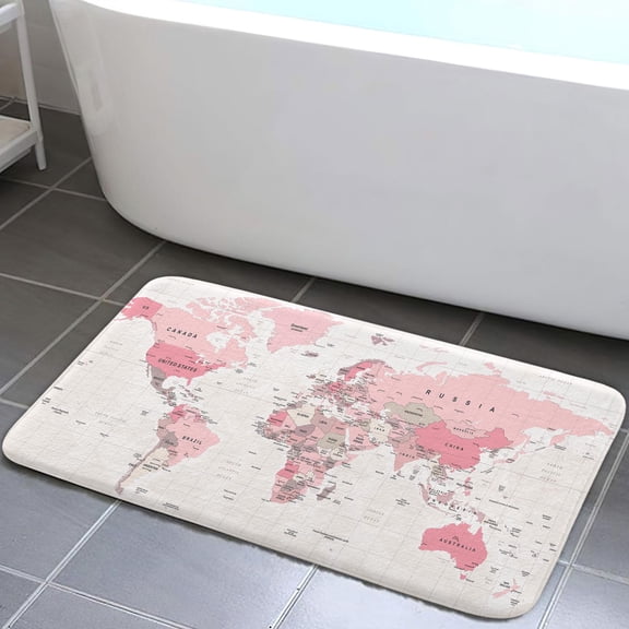 Pink World Map Bathroom Rug, Geographical Travel Map Bathroom Accessories Shower Mat, Asia Europe South City Topography America Africa Japan Non Slip Bathtub Mat Bath Rugs, 15.7X23.6in