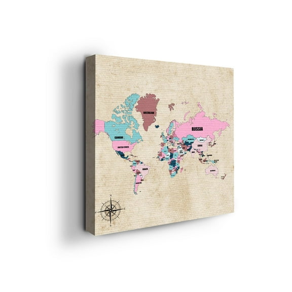Pink World Map Canvas Wall Art by Mavis Print- 14x14 inches Map Wall Decor | UV & Water Resistant HD Printed & Wooden framed wall art | Modern Wall Decor for Gift | Made in USA