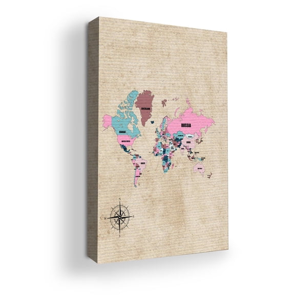 Pink World Map Canvas Wall Art by Mavis Print- 16x20 inches Map Wall Decor | UV & Water Resistant HD Printed & Wooden framed wall art | Modern Wall Decor for Gift | Made in USA
