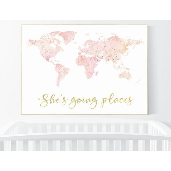 Pink World Map Floral Gold Nursery Decor Print