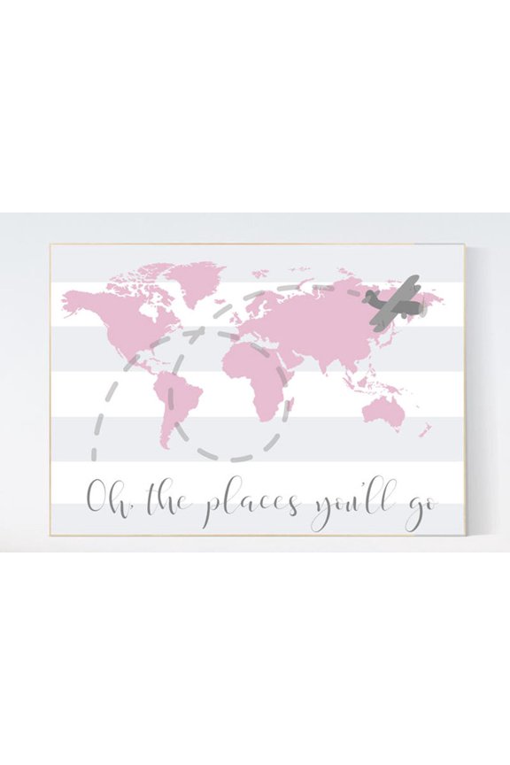 Pink World Map Nursery Art Travel Theme Decor Poster