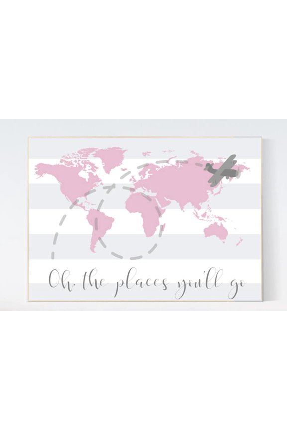 Pink World Map Nursery Art Travel Theme Decor Poster