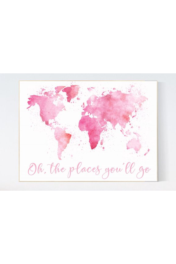 Pink World Map Print Nursery Decor Toddler Room Art