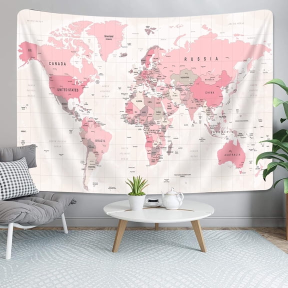 Pink World Map Tapestry, Map of World Vintage Topography Educational Tapestries Posters for College Kids Student Dorm Wall Art, Geographical Travel Map Tapestry for Girl Bedroom Nursery Decor, 60X40i
