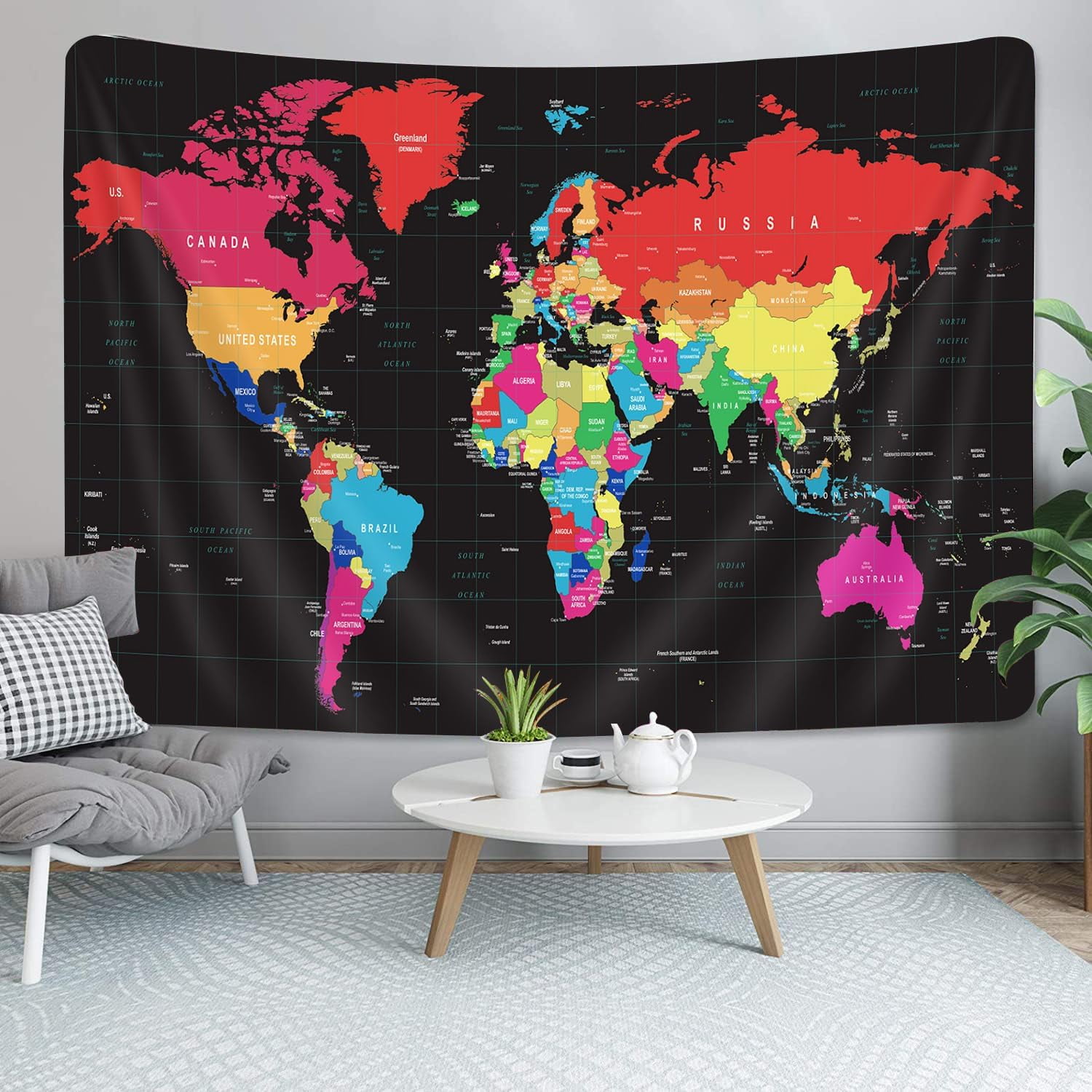 Pink World Map Tapestry Map of World Vintage Topography Educational