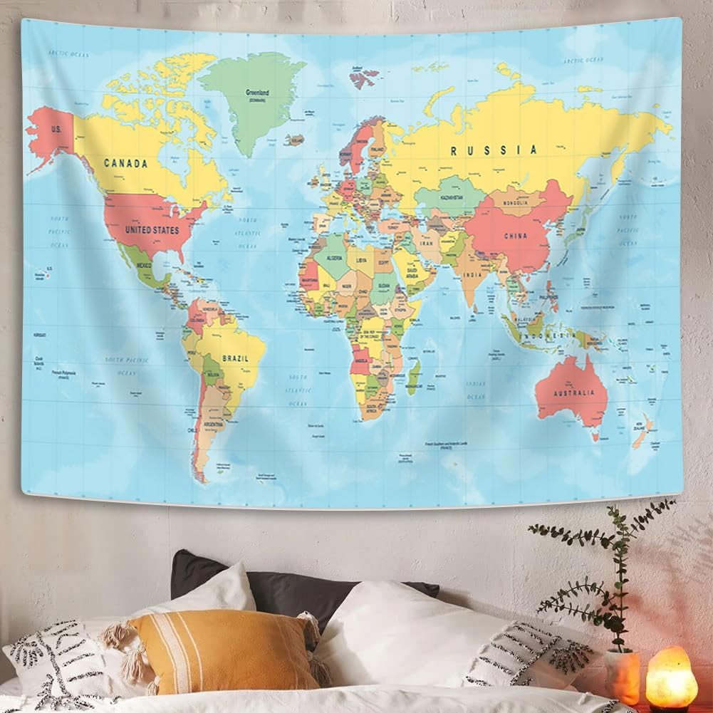 Pink World Map Tapestry Map of World Vintage Topography Educational