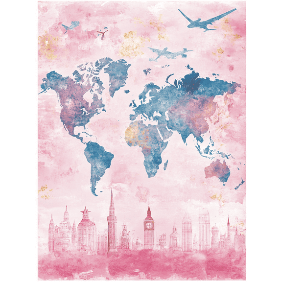 Pink World Map and London Skyline Canvas Painting Suitable for Living Room Bedroom Office Hotel and Study Decoration.