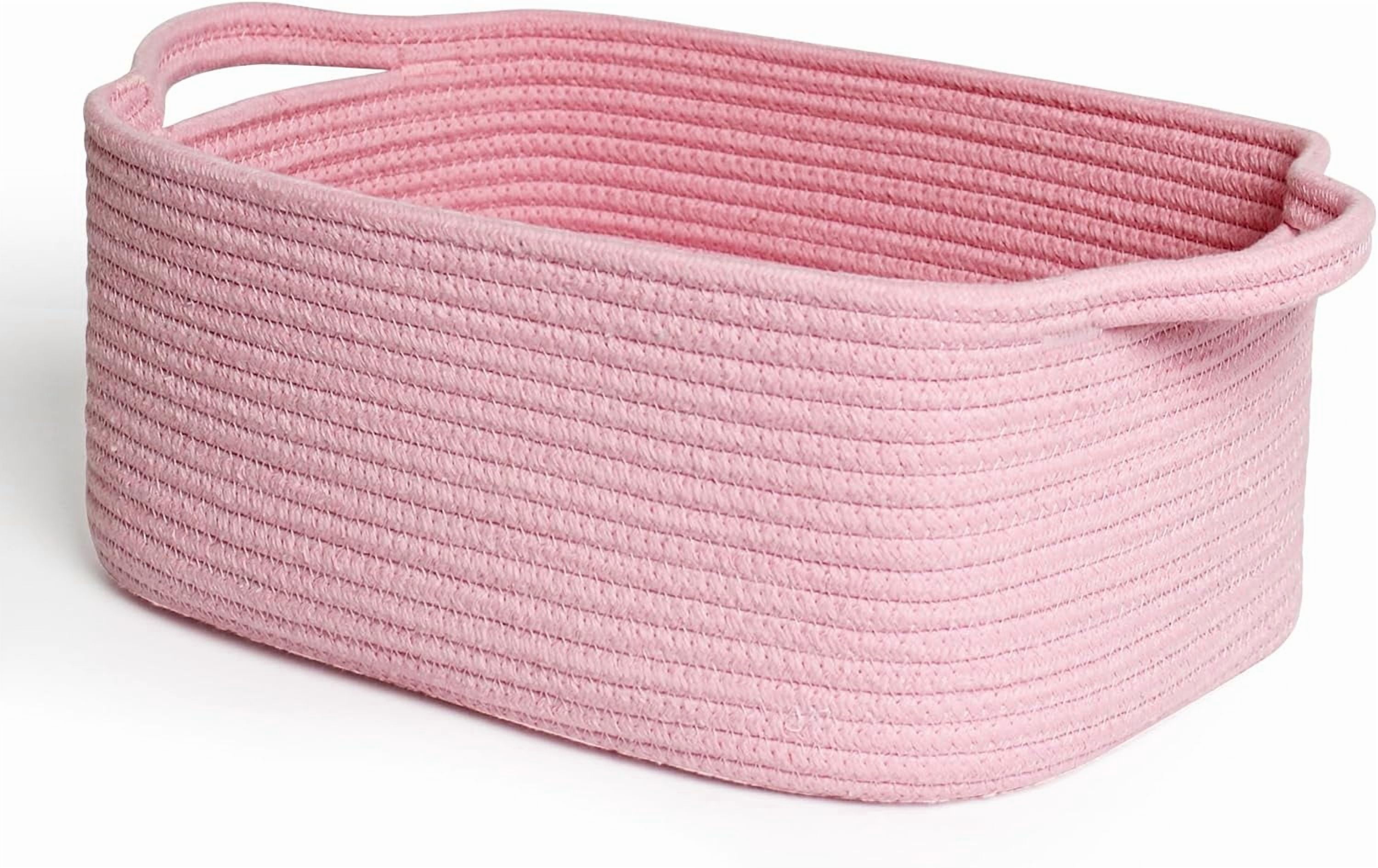 Pink Woven Storage Basket, Cotton Rope Gift Basket Empty, Cute Organizer for Girls, Decorative Baby Nursery Closet Bin, Pink Room Decor, Gift Ready Bin with Handle, Wicker Pet Toy Storage Box