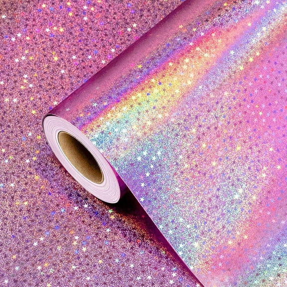 Pink Wrapping Paper Roll, Metallic Holographic Star Gift Wrap for Birthday, Valentines, Mothers day, Graduation, Wedding, Fathers day, Baby Shower, Christmas (17 in x 23 feet)