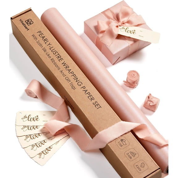 Pink Wrapping Paper Set 17" Pearly-Lustre With Silk Like Satin Ribbon & Gift Tags Recyclable Christmas Gift Wrapping Birthday Baby Shower Wedding Handmade Crafts 197"(16.4 Ft)