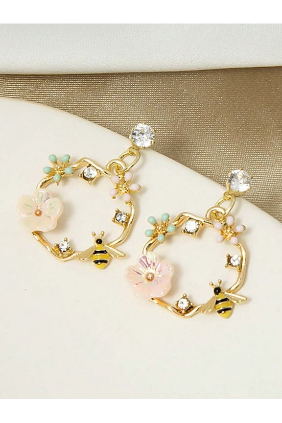 Pink Wreath Floral Bee Drop Earrings With Cubic Zirconia Goldtone