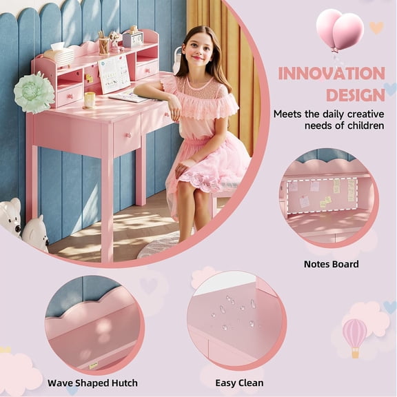 Pink Writing Desk with Hutch & 5 Drawers - 40 Inch Modern Computer Workstation for Home Office, Teen Desk, Small Study Desk, Ideal for Gift$$Home Decor, Kitchen, & Other
