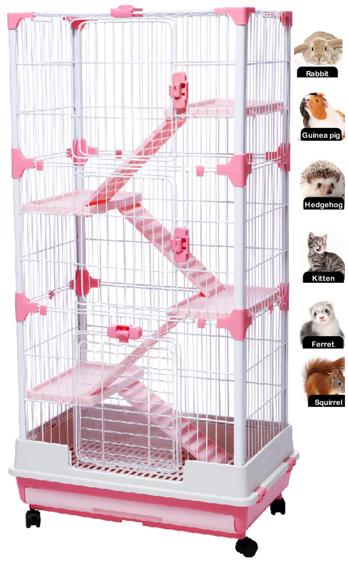 Pink X-LARGE 52-inch Deluxe and Spacious 5-Level In/Outdoor Ferret Chinchilla Guinea Pig Cage Rabbit Hutch Paw Safe Solid Platform Ramp Mesh Floor Leakproof Tray Large Access Doors Lockable Casters