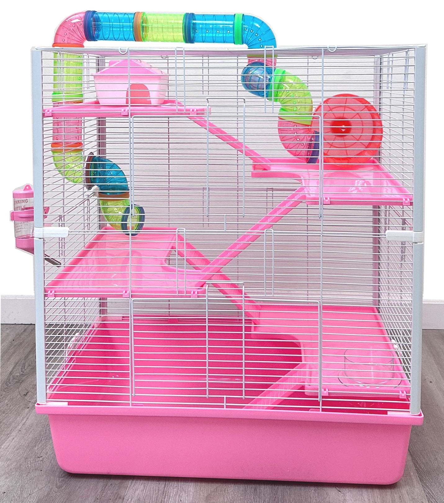 Pink X-LARGE Deluxe 5-Story Hamster Mansion Mouse Habitat Gerbil House Critters Mice Home Cage with Complete Set of Accessories Expandable and Customizable Crossover Tube Tunnel