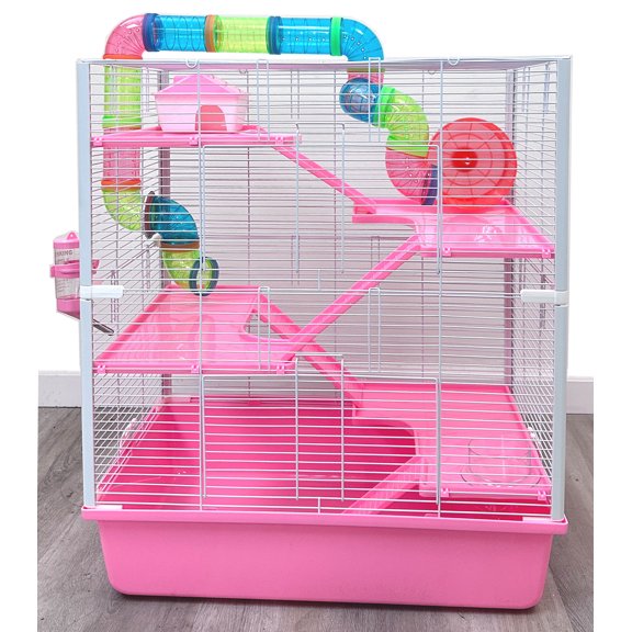 Pink X-LARGE Deluxe 5-Story Hamster Mansion Mouse Habitat Gerbil House Critters Mice Home Cage with Complete Set of Accessories Expandable and Customizable Crossover Tube Tunnel