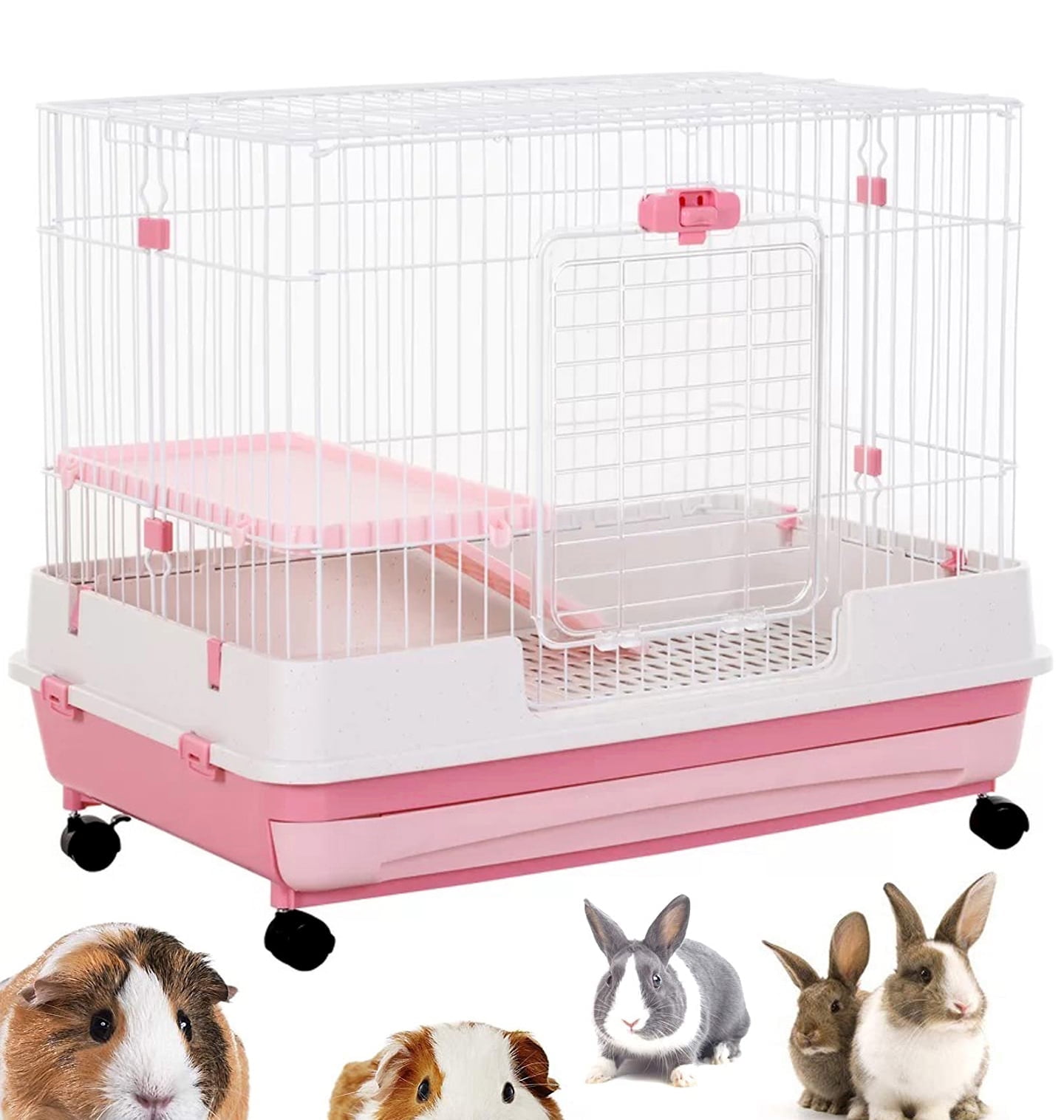 Pink X-Large 32”L 2-Level Indoor Small Animal Rabbit Guinea Pig Cage Easy Pull Out Washable Tray With Wheels